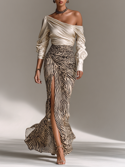 Women's Satin Off-shoulder Long-sleeved Top With Zebra Print Hip-wrapped Slit Skirt Two-piece Set MDA1632G5Y