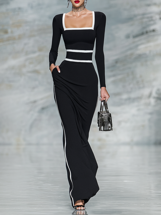 Women's Black And White Trim Square Neck Long Sleeve Tight Maxi Dress MDA1698G8Y