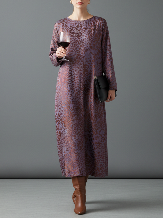 Women's Loose Leopard Jacquard Round Neck Long Sleeve Midi Dress MDA2450I1Y