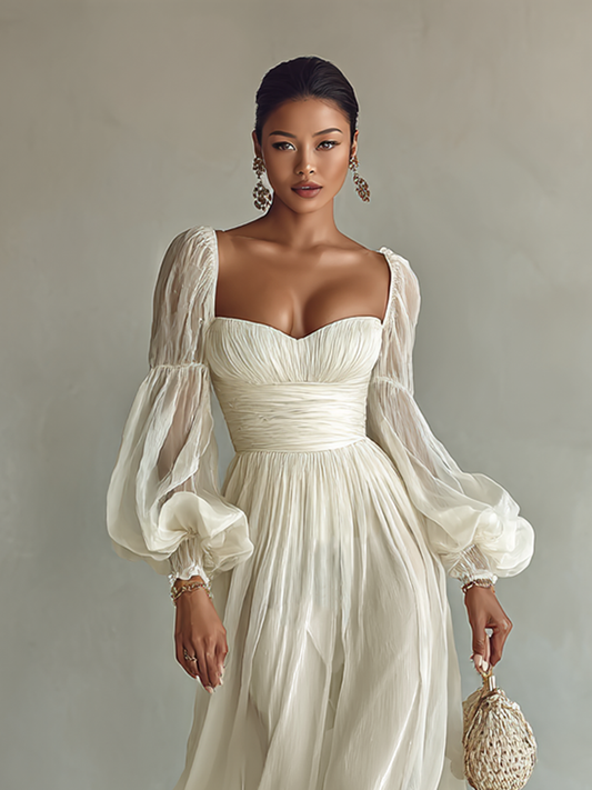 Women's Chiffon Square Neck Long Sleeve Waist Maxi Dress MDA1427G8Y