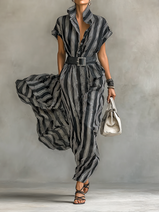 Women's Chiffon Striped Printed Lapel Short-sleeved Belted Maxi Dress MDA0926G6Y