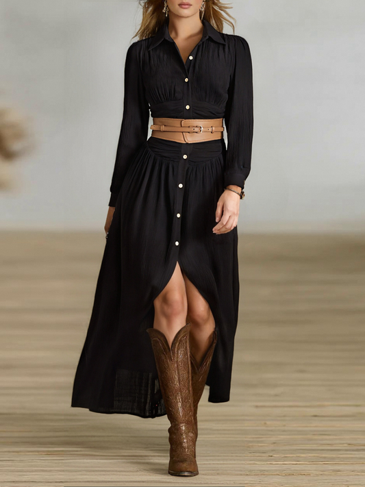 Women's Imitation Cotton And Linen Pleated Lapel Single-breasted Long-sleeved Maxi Dress MDA1768I7Y