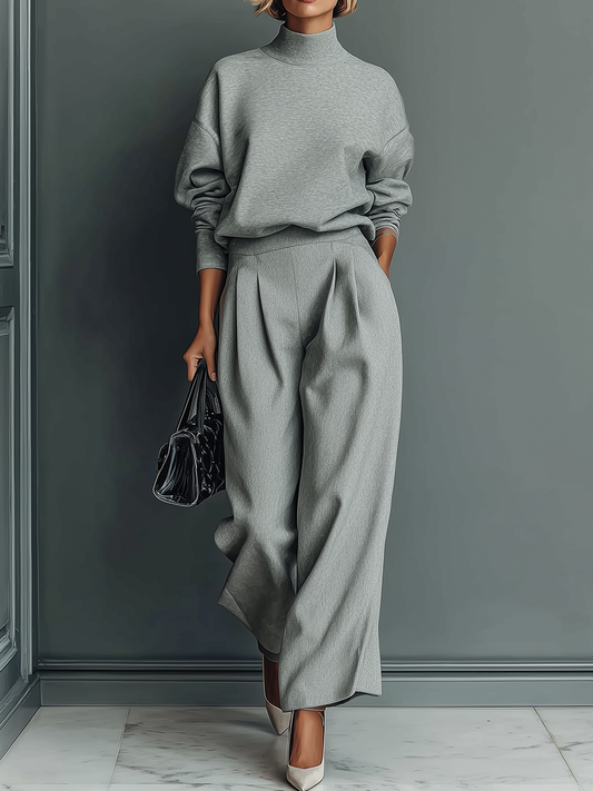 Women's Grey Blended Sweatshirt Wide-Leg Pants Set MDA1603H6T