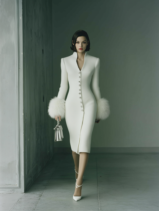 Women's White Cotton Blend Plush Cuff Elegant Midi Dress MDA1057J3T