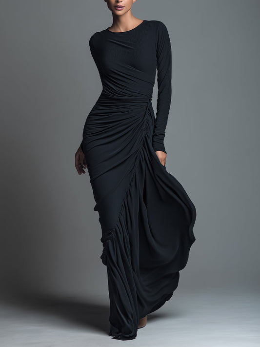 Women's Black Elegant Jersey Knit Ruched Maxi Dress MDA1541H1I