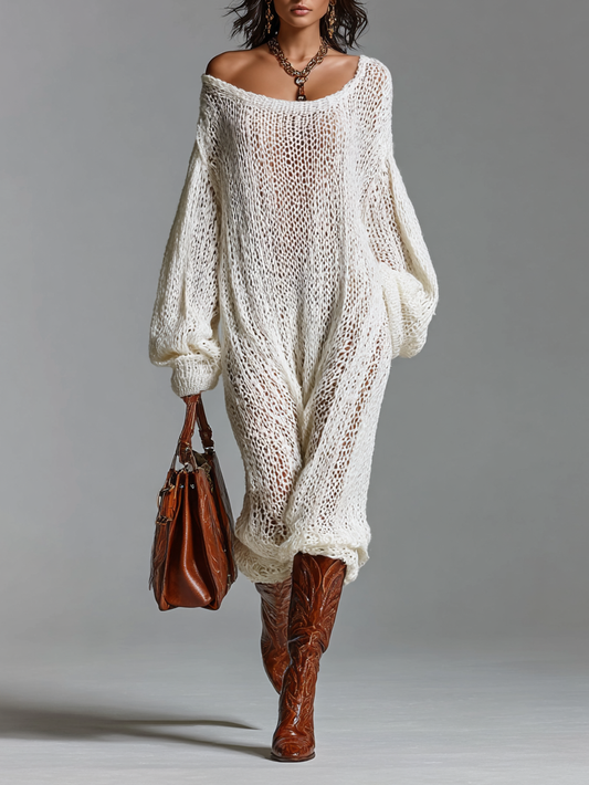 Women's Loose Knitted Round Neck Long Sleeve Maxi Dress MDA1235H4Y