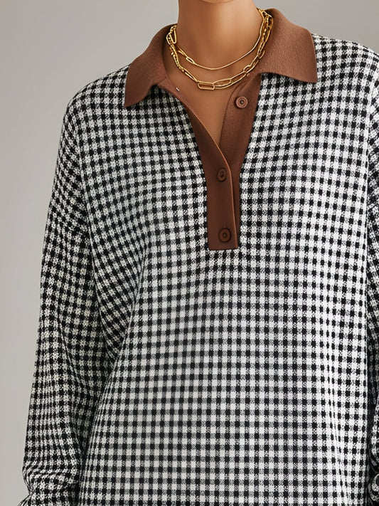 Women's Black - White Elegant Gingham Collared Half - Button Mini Sweater Dress MDA1033J7I