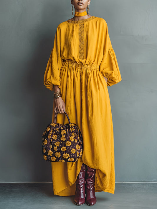 Women's Mustard Elegant Linen - Blend Lantern - Sleeve Lace - Trimmed Maxi Dress MDA1093J4I