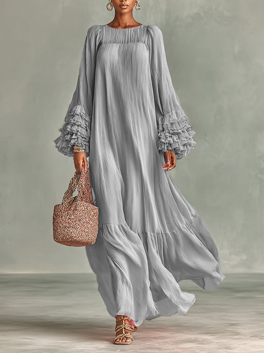 Women's Loose Pleated Chiffon Round Neck Long Sleeves Cuffs Ruffle Maxi Dress MDA1411G7Y