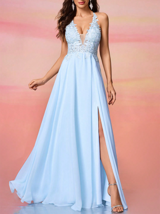 Women's Chiffon Lace Halter Backless Waisted Hem Slit Maxi Dress MDA1949F3Y