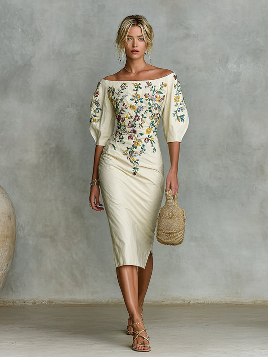 Women's One-shoulder Neck Mid-length Sleeve Floral Embroidery Waist-length Midi Dress MDA1927G4Y