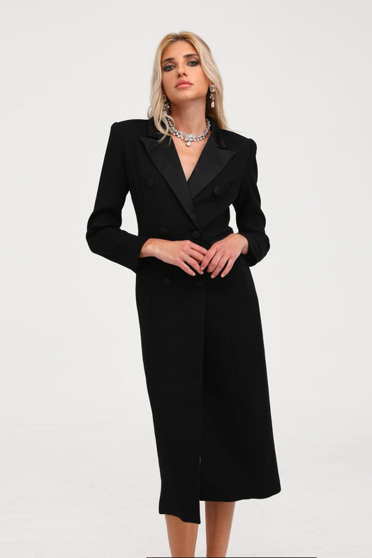 Eithne black double-breasted long coat