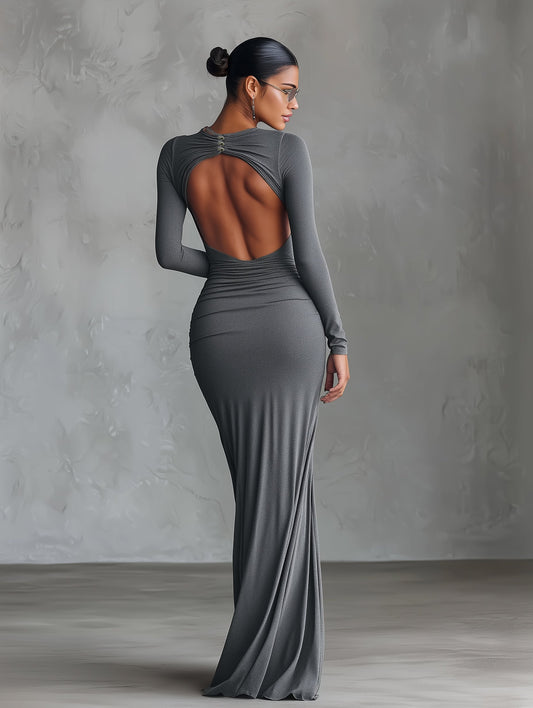 Women's Grey Elegant Stretch - Polyester-Cotton Blend Ruched Open - Back Maxi Dress MDA2860H8I