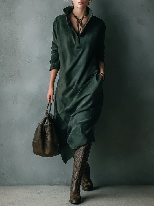 Women's Loose Suede Lapel Long Sleeve Midi Dress MDA1530H1Y
