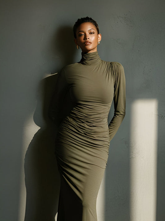 Women's Olive Elegant Stretch Polyester-Cotton Blend Turtleneck Ruched Mermaid Maxi Dress MDA1678J2I