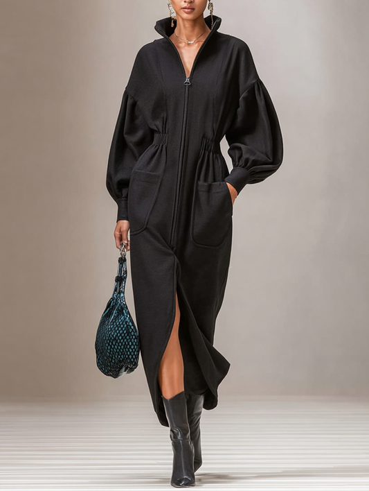 Women's Minimalist Sports Stand-up Collar Waist Hem Slit Maxi Dress MDA1179J1Y