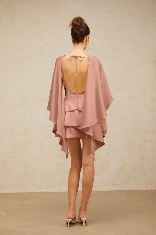 Lyna shawl-panel ruffled satin mini dress in Pink