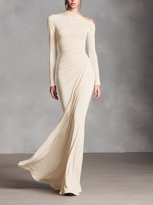 Women's Cream Elegant Jersey One - Shoulder Ruched Mermaid Maxi Dress MDA1750J7I