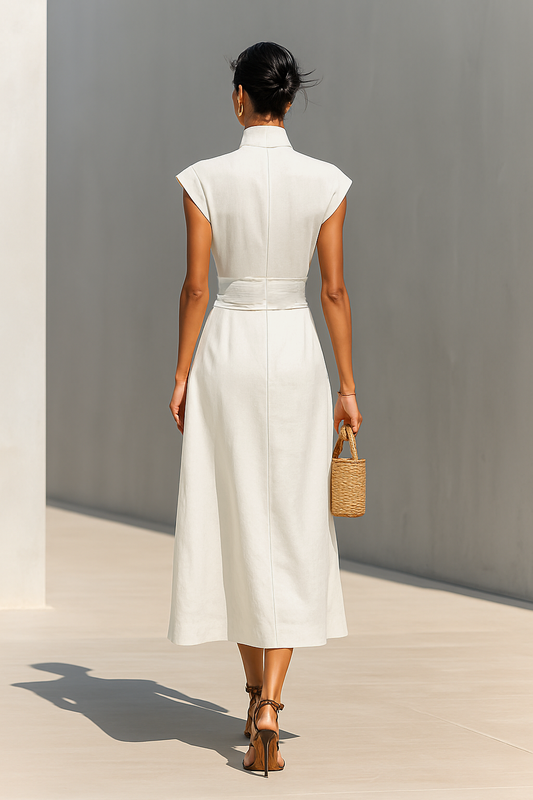 Women's Pure Cotton Lapel Cap Sleeves Waist Maxi Dress MDA0526G8Y