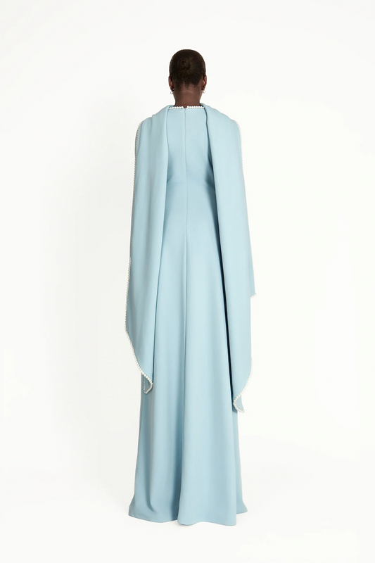 Piroska Blue Pearl Trim Shawl Detail Maxi Dress