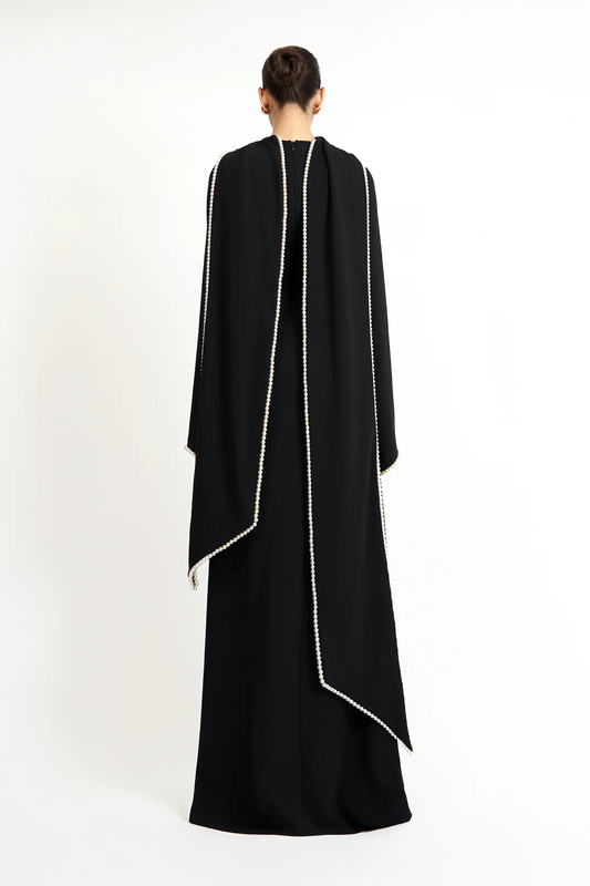 Piroska Black Pearl Trim Shawl Detail Maxi Dress