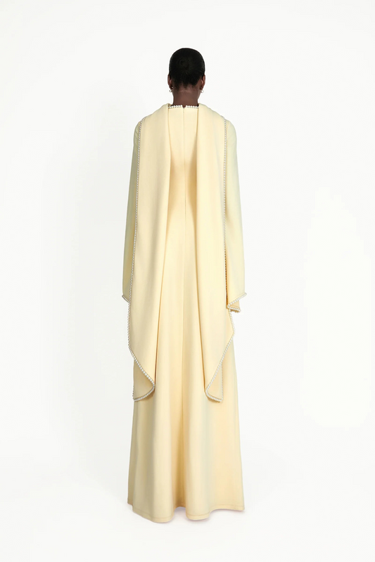 Piroska Yellow Pearl Trim Shawl Detail Maxi Dress