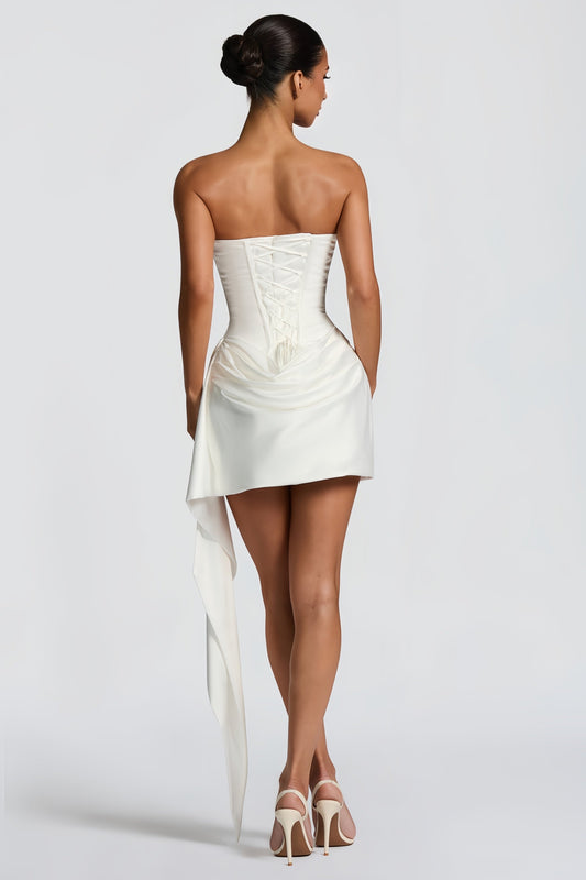 Zenina White Ruched Ribbon Detail Mini Dress