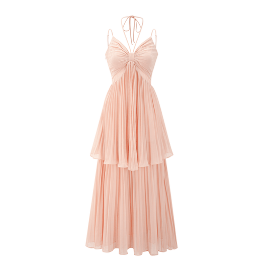 Olympe pink pleated tiered midi dress