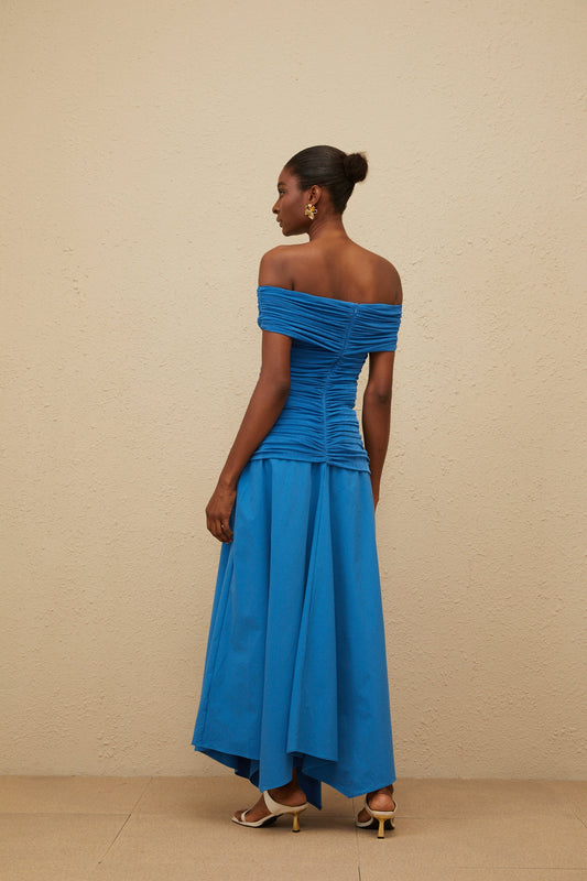 Amélie Blue Off-Shoulder Ruched Maxi Dress