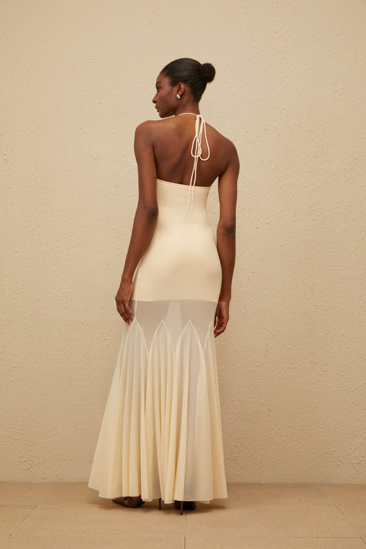 Vague Neutral 3D Petal Mesh Maxi Dress