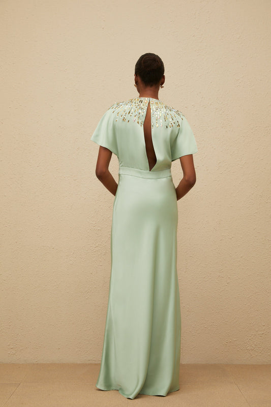 Ombrage Green Embellished Satin Maxi Dress