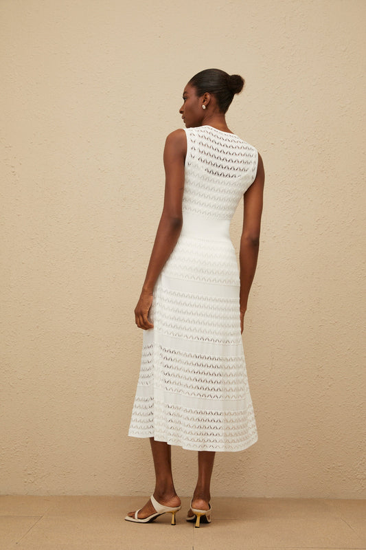 Clothilde White Shirred Crochet Knit Midi Dress