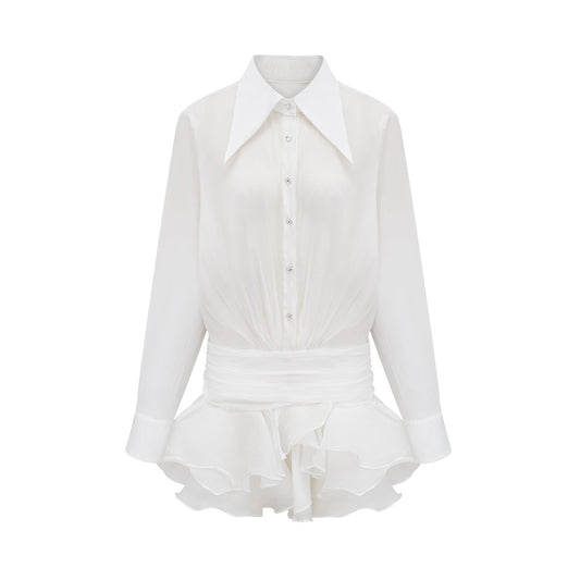 Renée white ruffled mini shirt dress