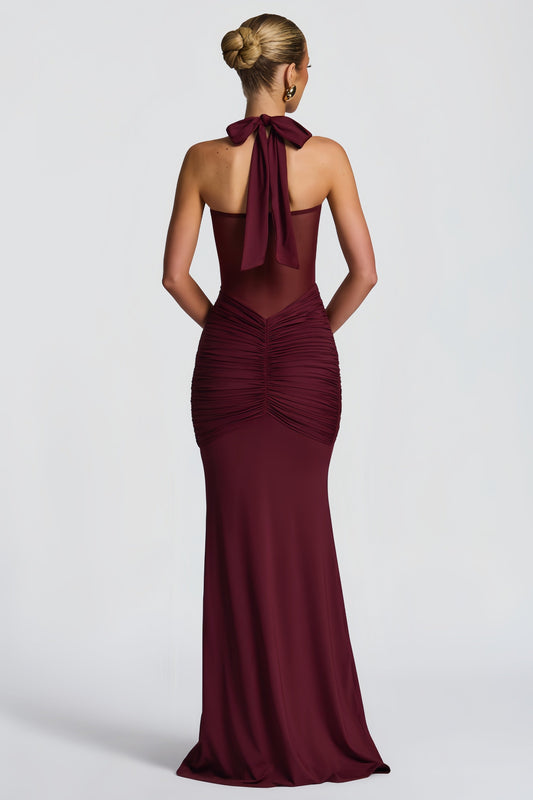 Amandine Burgundy Halterneck Gathered Maxi Dress